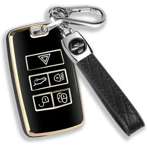 for Land Rover Key Fob Cover with KeyChain Soft TPU Gold Trim Key Case Full Protection Compatible with 2018-2023 Land Rover Range Rover Evoque Sport Vogue Discovery 5 Jaguar E I-PACE (Black)