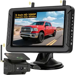 Solar  Backup Camera for  RV  Trailer Pickup:  1080P No Wiring No Drilling IR Night Vision IP69K  Rechargeable Portable Backup Camera with 5" IPS 2-Split