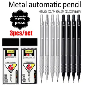 3pcs/set durable black and white mechanical metal low center of gravity automatic pencil, 0.5/0.7/0.9/2.0mm black large capacity graphite instead of lead, very suitable for art sketching, painting, Mechanical pencils, office stationery supplies