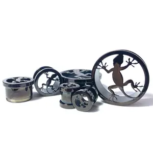 PAIR Black Lizard Steel Screw Fit Tunnels Plugs Earlet Gauges Gecko Body Jewelry