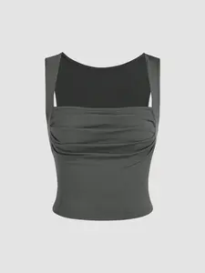 [7 colors, US size 0-26] Solid Ruched Square Neck Crop Top