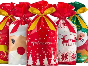 50 PCS Christmas Candy Bag Christmas Treat Bags Candy Goodies Plastic Drawstring Gift Bags Merry Christmas Treat Bags for Birthday Party Snack Wrapping Wedding Gift Party Favor Merry X-mas