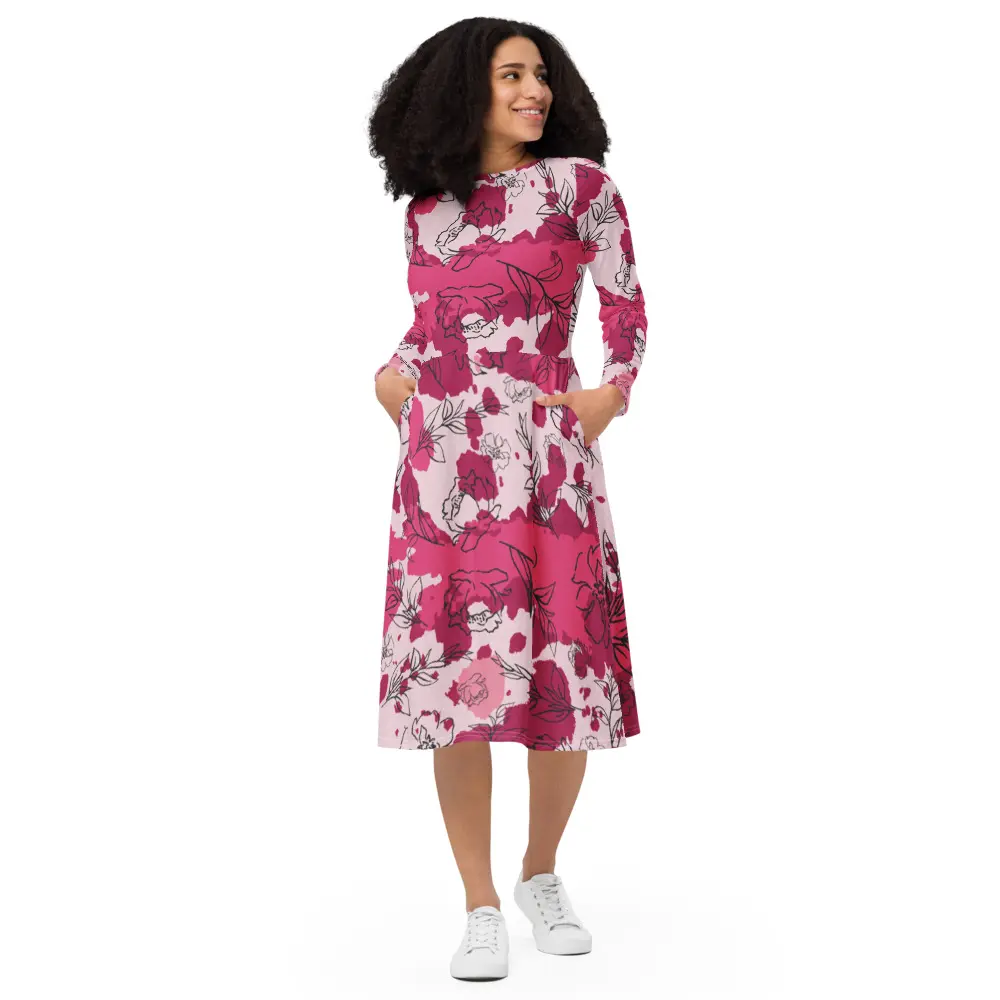 Pink Cow Print Floral Midi Dress, Abstract Sketch Rose Long Sleeve Dress, Bold Statement Skater Dress, A-Line Dress with Pockets, Trendy Fall Dress, Casual Everyday Outfit, Gift for Her