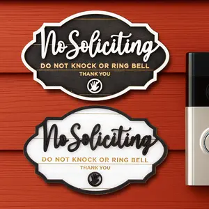 Funny No Soliciting Sign For House Door - 2 Pack Small No Soliciting Sign For Front Door Hanging, Wooden No Solicitors Signs For Office Home Decor, Please Do Not Knock Or Ring Doorbell Signs