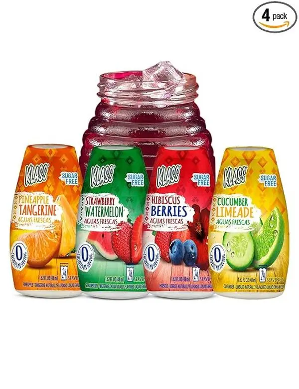 Klass Aguas Frescas Liquid Water Enhancer Classic Variety Pack - 4 Bottles (Makes 96 Drinks) - Flavors: Cucumber Limeade, Strawberry Watermelon, Hibiscus Berries, Pineapple Tangerine - Naturally Flavored, Sugar-Free, 0 Calories Per Serving, Keto