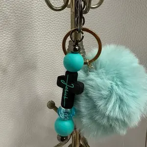 Faux Fur Keychain with Cross Design and Turquoise Beads - Perfect for Keychains and Accessories