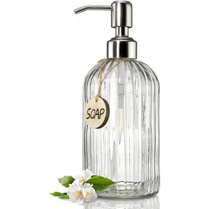 JASAI 18 Oz Clear Glass Soap Dispenser with Rust Proof Stainless Steel Pump, Refillable Liquid Hand soap Dispenser for Bathroom, Premium Kitchen Soap Dispenser (Clear).