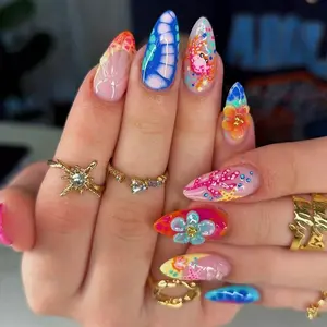 24pcs Almond Press-On Nails, Maroon Color Design, Underwater Flower Beach Vacation Style, French Y2K Sweet Cool Cute Crab Manicure Set