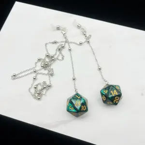 Dragon and Dungeon Multi sided Dice Pendant Glasses Chain, 14K Gold Plated Chain Crystal
