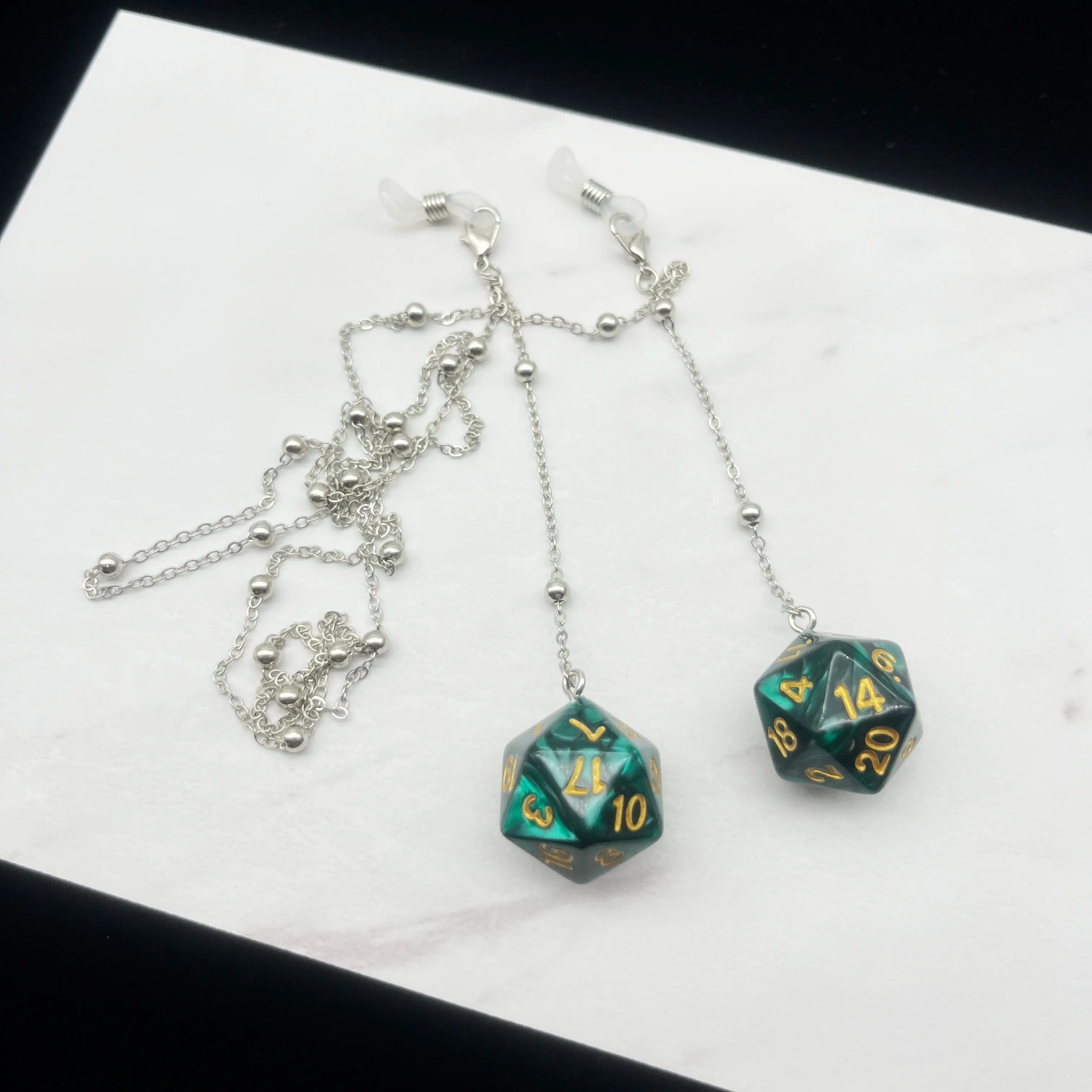 Dragon and Dungeon Multi sided Dice Pendant Glasses Chain, 14K Gold Plated Chain Crystal