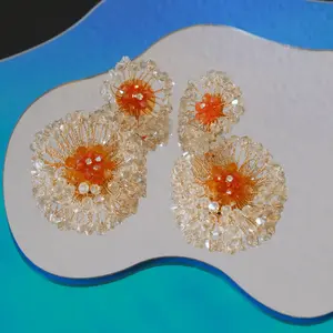 Handmade Bead Sun Earrings, Wire Wrap Earrings, Light Green and Orange Earrings, Circle Big Dangle Earrings