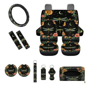 Dragonfly Car Seat Covers Full Set with Steering Wheel Cover, Seat Belt Pads, Coasters & Keychains | Floral Moon Print Universal Car Accessories for Women Gift Vehicle Accessories