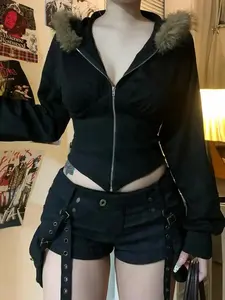 Varsity Letterman Jacket, Contrast Faux Fur Zip Up Hooded Jacket, Coats, Casual Drop Shoulder Long Sleeve Outerwear for Fall & Winter, Ladies Clothes Daily Wear, Comfy, Stretchy, Warm Style, Autumn Vibes, On The Go