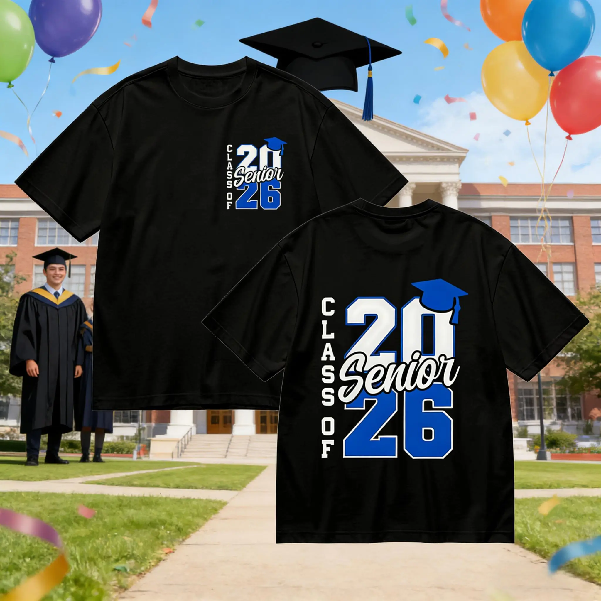 Class of 2026 Senior Graduation tshirt - Men'S Black with Blue Diploma Graphic & Number 26 Design, Comfortable Hooded  with Pockets, Graduation & Diploma Print for & Gown Alternative