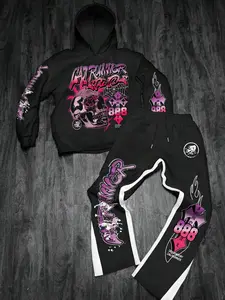 Men's and women's styles. Spring and autumn lightweight, dark-themed streetwear. Skeleton print, loose fit, short-sleeved hooded top and athletic pants set. Skeleton culture, street life, casual everyday wear, individual style, campus, hip-hop Matching