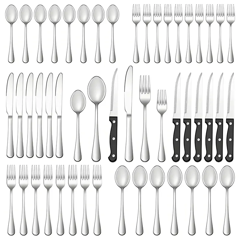 24/48-Piece Classic Oval Stainless Steel Silverware Dinner Service Set - 12-Seat Ready, Premium Fork-Knife-Spoon Flatware, 61/49 Tray Storage, Durable Dishwasher-Safe Kitchenware Tableware Utensils, Utensils Included Dishware Sets