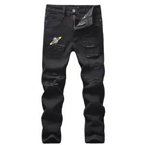 Boys' Stretch Denim Skinny Ripped Zipper Pocket Jeans - Ages 5-13 Children's Distressed Washed Black Casual Pants, Elastic Waistband and Straight Leg Design, Outdoor Sports, Durable Children's Clothing