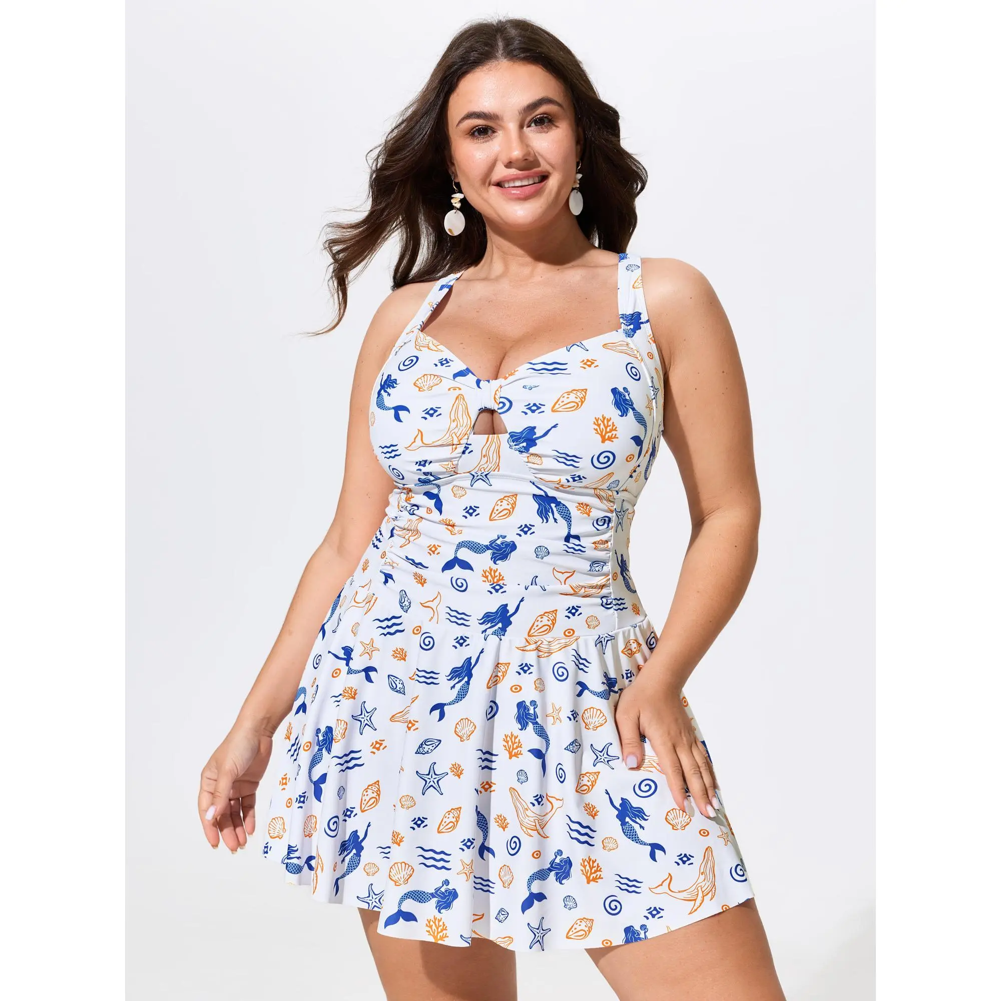 BloomChic Plus Size Ocean Print Swim Dress, 1-Piece Tummy Control Swimsuit with Cut-Out Detail and Adjustable Straps, M-6X Sizes, Plus Size Swimsuits