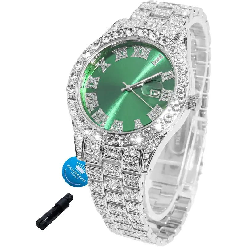 Boys Teens Iced Out Diamond Encrusted Wrist Watch, 18K Real Gold & Platinum Plated 42mm Blue Green Red Dial, 8 Inch Adjustable Band, Comes with Watch Adjuster Tool, Optional Matching Cuban Link Chain, Packed in Premium Goldfoil Gift Box Hip Hop Jewelry