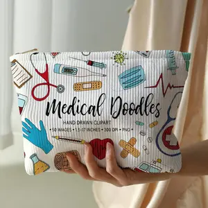 Medical Print Corduroy Makeup Bag Fashion Lightweight Cosmetic Case with Zipper and Lining Multi Functional Storage Pouch