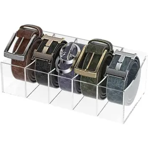 Belt Organizer, Acrylic Belt Storage Holder for The Closet and Drawer, 5 Compartments Belt Container Clear Display Case for Tie and Bow Tie