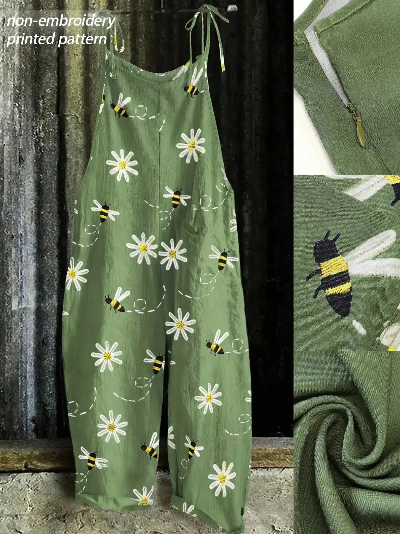 Plus Size Fashion Bee & Daisy Embroidered Jumpsuit, Casual Sleeveless Wide-Leg Jumpsuit, Y2K Stylish Clothes, Casual Summer Wear for Parties and Vacations, Trendy Bohemian Comfortable Relaxed-Fit Dungarees