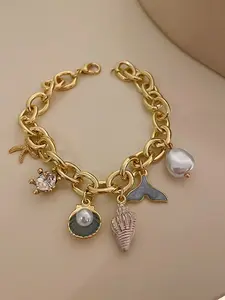 Ocean Style Pearl Fish Tail Shell Starfish Alloy Bracelet, Elegant Hand Chain, Perfect for Summer Outing, Birthday Gift, Elegant Jewelry Bracelet