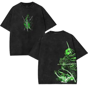 Roronoa Zoro One'Piece Edition Double Printed Oversize Tee Anime Mange Vintage Design Top Cotton Streetwear T-Shirt for Menswear & Womenswear Fabric Oversized casual Graphic Summer One Piece Devil Fruit Retro Washed Unisex