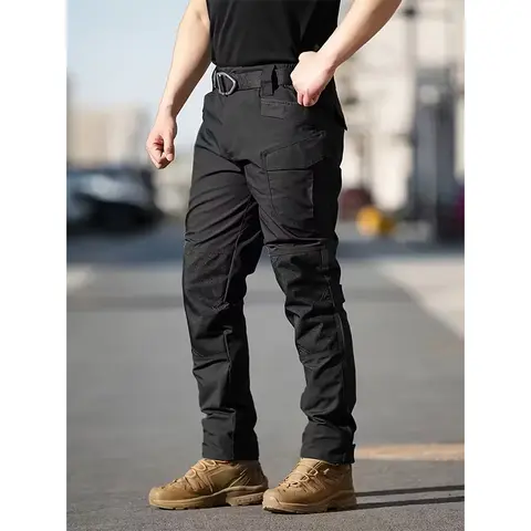 HOMUG Men's Plain Polyester Water-Resistant Tactical Work Pants - Men's Tactical Utility/Military Style, Wide Stretch Waistband, Slim Fit-Loose Option, Zippered, Multi-Pocket, Durable for Sports (Spring-Summer)