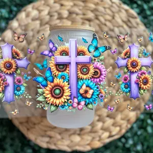 Purple Faith UVDTF CUP WRAP with Sunflower Cross Design and Butterfly Accents for Decorative Use