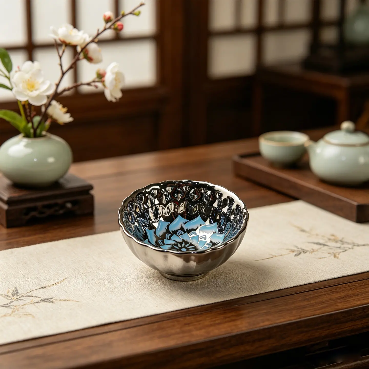 Silver Plated Ceramic Teacup | Blue Lotus Porcelain Tea Bowl | Zen Meditation Master Cup, Spiritual Gift for Yoga Lover, Luxury Hostess Gift