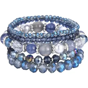 5PCS Stackable Crystal Beaded Bracelets for Women Boho Multi Layer Stretch Bracelets Natural Stone Bead Bracelet with Leaf Charm Jewelry for Women