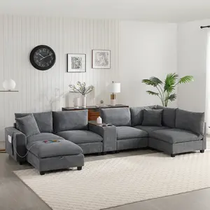 140" Oversized Modular Sectional Sofa with Movable Storage Ottoman and Console, Removable Storage Pockets, Cup Holder, Wide Seat, USB Charger, 6 Seat U Shaped Corduroy Couch for Living Room