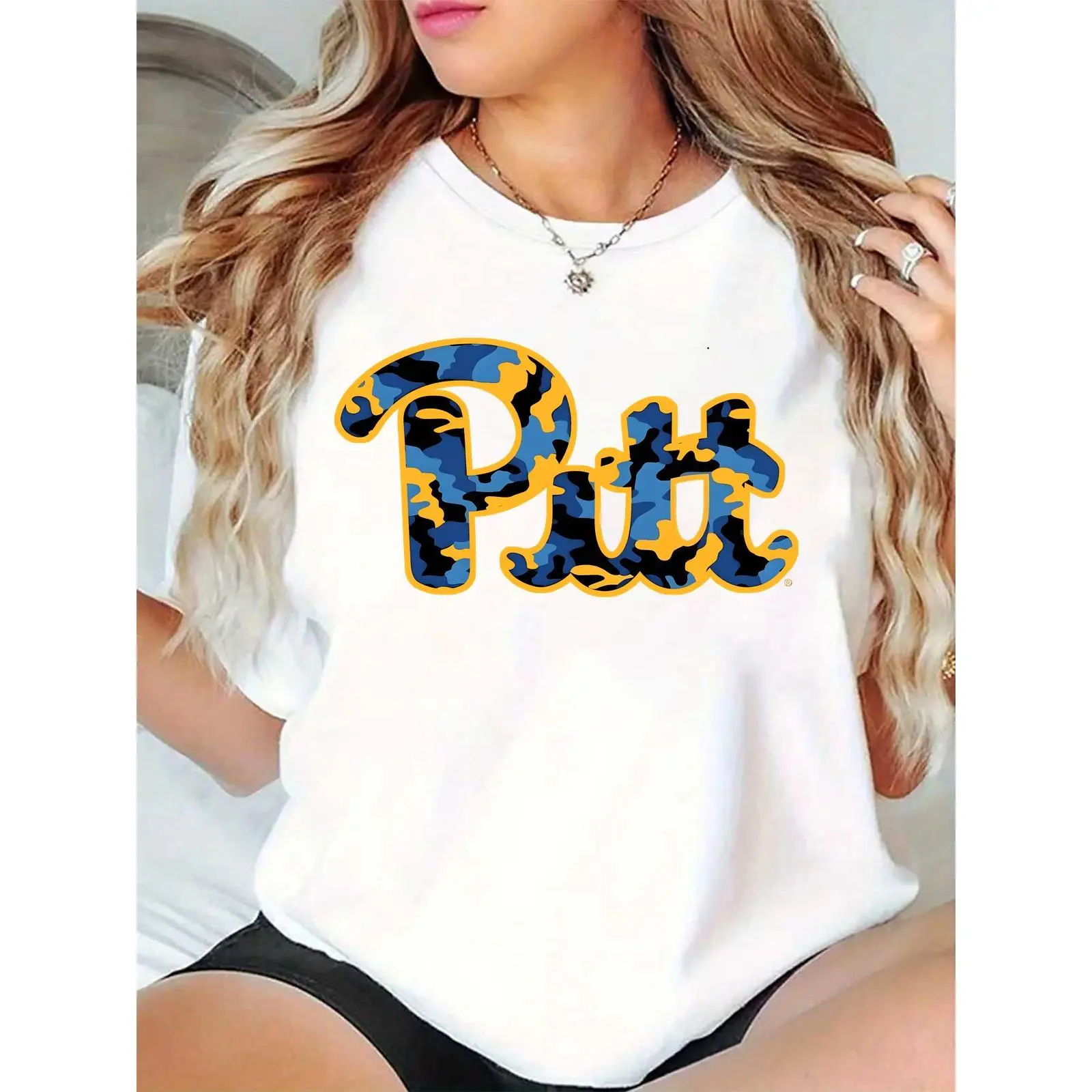Women's White T - Shirt with Pitt Blue & Yellow Camo Print – Casual Game Day & Campus Wear for Pitt Fans & College Students