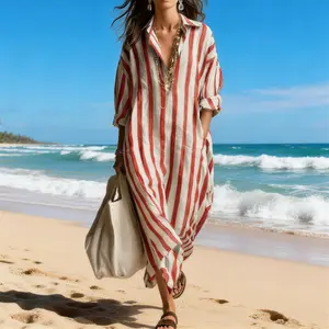 Women's Fashion Loose V-Neck Long Dress, Summer Striped Three Quarter Sleeve Shirt Dress, Casual Elegant Style for Daily Wear
