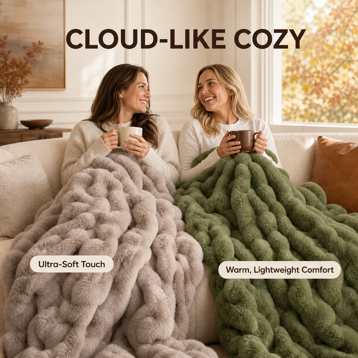BLUNIQUE Faux Rabbit Fur Throw Blanket, Ultra Soft Fluffy Warm Decorative Blanket for Couch Sofa Bed, All-Season Cozy Blanket, Light Taupe