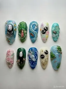 Spirited Away Press On Nails Set 3D Kaonashi Haku Dragon Anime Nail Set Handmade Ghibli Nail Art for Holiday, Vacation, Birthday