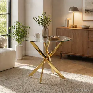 35.5" Modern ARCH Round Tempered Glass Dining Table with Gold Legs, Minimalist Home Decor with Clean Lines, Quick Setup for 2-4 Ppl, Ideal for Home Kitchen, Dining Room