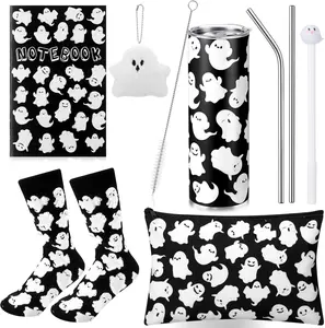 6 Pcs Ghost Gifts for Women, Ghost Stainless Steel Tumbler with Straw and Brush Socks Cosmetic Bag Notebook Pen Keychain for Christmas Birthday Party Favors