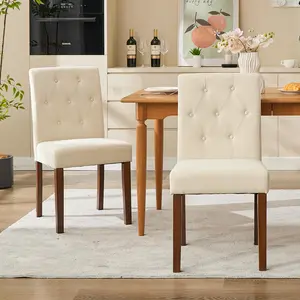 Garvee Set of 2 Upholstered Dining Chairs with Button Detailing, Wooden Legs, and Padded Seats - Modern Fabric Side Chairs Ideal for Dining Room, Kitchen, Farmhouse, or Hotel in Beige Color