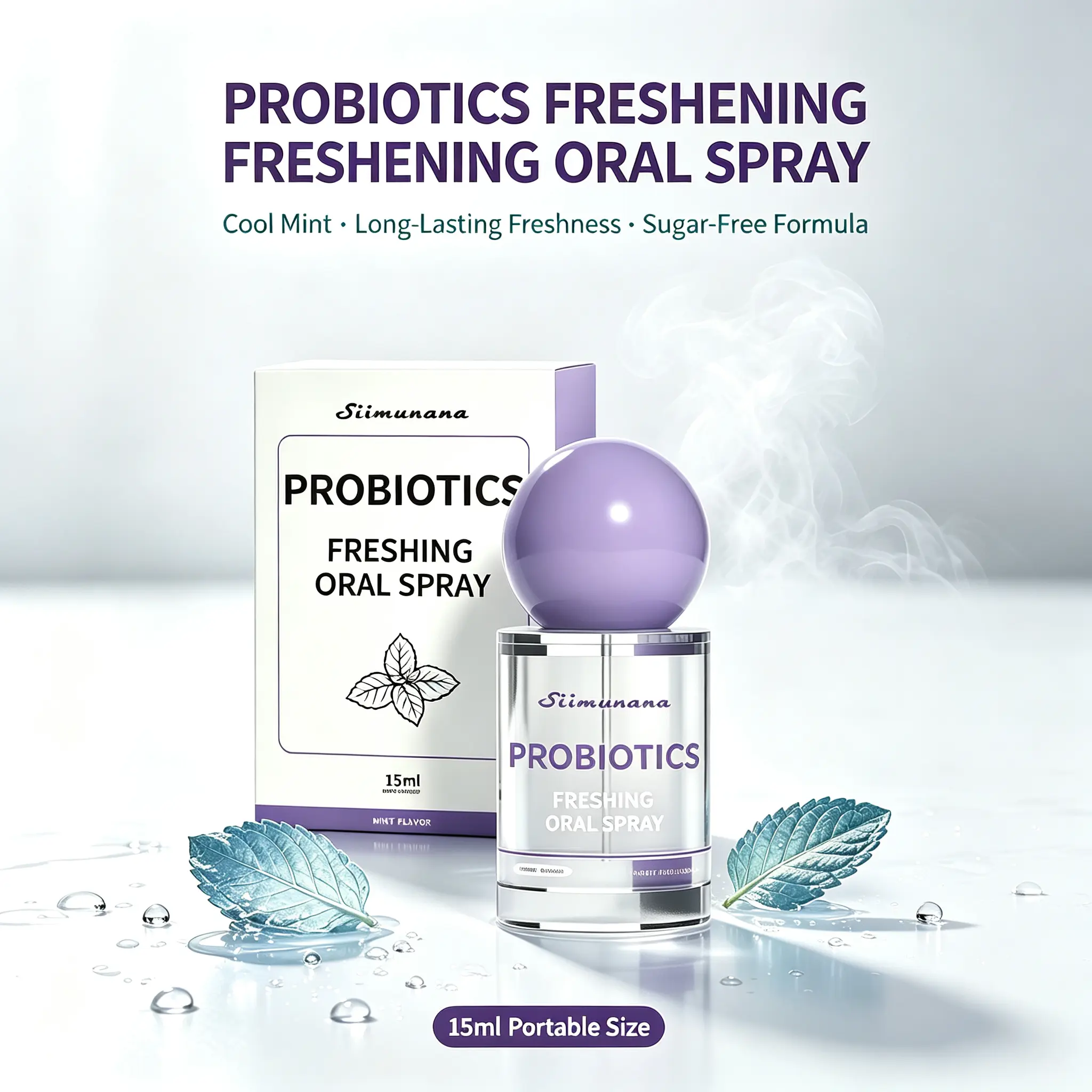 Probiotic Oral Spray 15ml Mint Breath Freshener, Long-Lasting Freshness Sugar-Free Portable Mist for Daily Oral & Gum Care