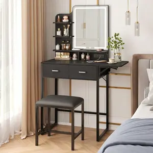 Makeup Vanity Desk With Mirror And Lights, Small Vanity With Fabric Storage Drawer & Chair & Shelves, White Vanity With Fold-Up Panel And Power Outlet For Bedroom, Bedroom Furniture(The Light Strip Is Powered By USB)