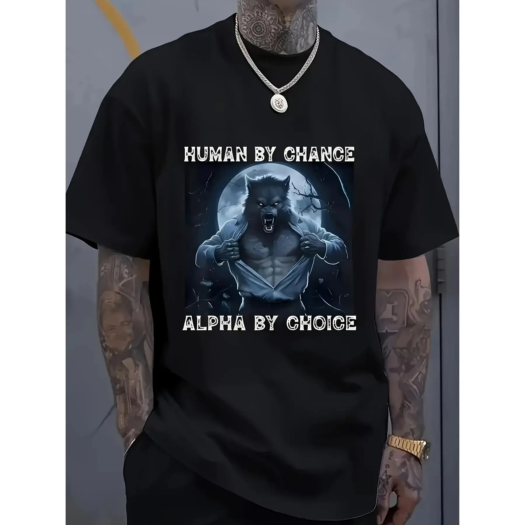 Men'S Vintage Wolf And Moon Design T-Shirt |       Casual Short-Sleeve Summer Top, Crew Neck, Regular Fit, All-Season, Slight Stretch Fabric, Black Humor Shirt, Ideal For Gifts