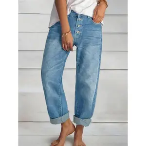 Women’s solid-color button-up straight-leg jeans, casual street-fashion denim pants, four-season women’s underwear, clothing, women’s clothing, streetwear