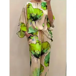 Women's Elegant Floral Print Satin Two-Piece Set: Round Neck Top and Wide Leg Pants