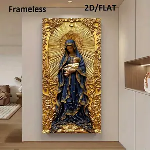 Wooden Framed Canvas Painting - A modern gold Maria and Young man canvas poster - Elegant blue and gold religious art, suitable for bedroom and living room decoration Wrapped in canvas