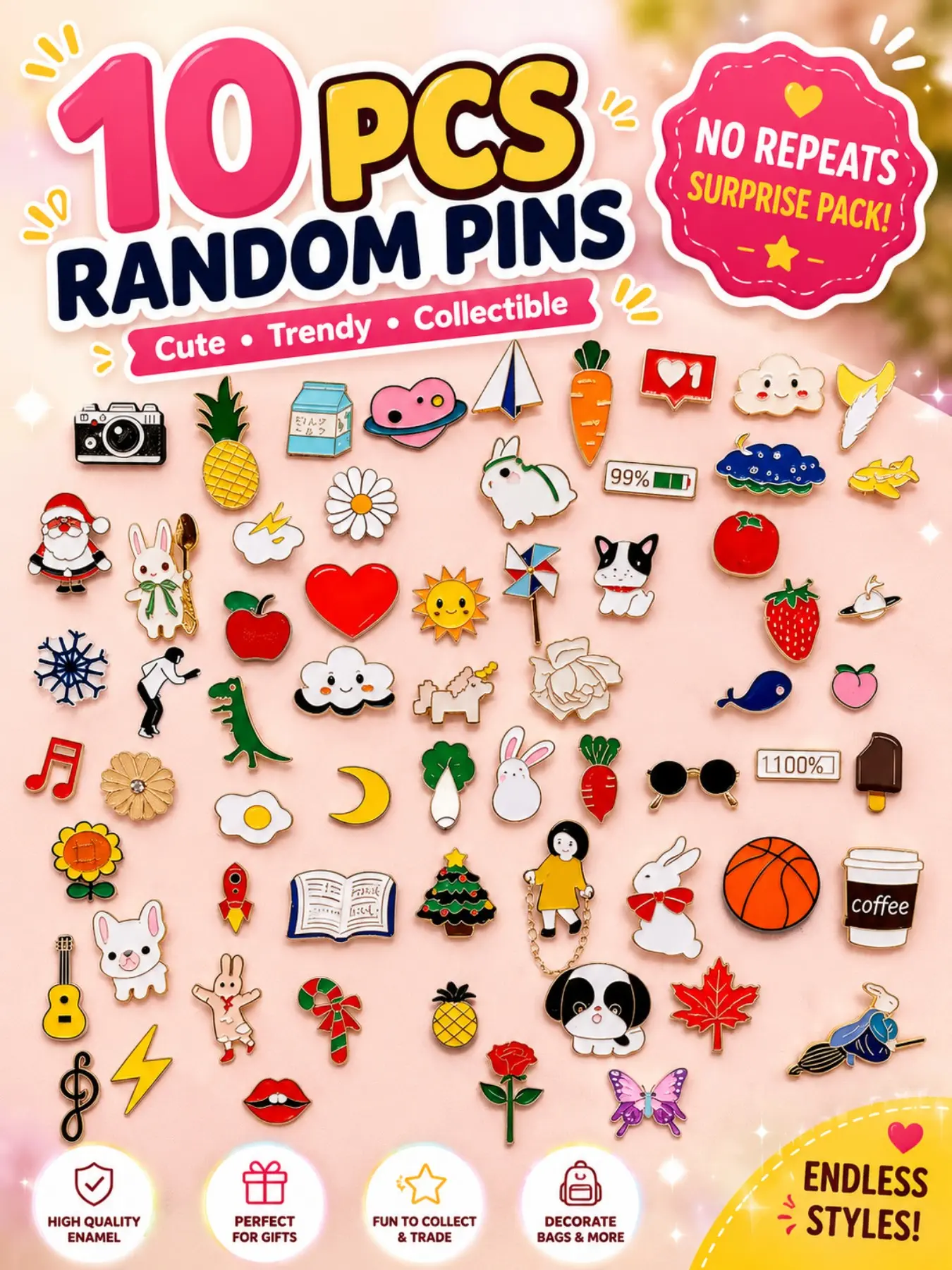 10pcs Set Cute Enamel Lapel Pins, Bulk Brooches Button Pins, Flower Floral Pins, Decor Pins, Aesthetic Funny Cartoon Plant Animal Pins, Perfect for Backpacks Bag Hat Badge Gift