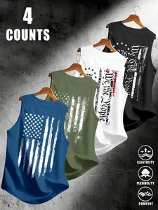 American Flag Print Men's Sleeveless Vest Set of 4, Breathable Stretchy Fabric, Sporty Fit, Comfortable Fashion for Daily Street Wear