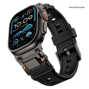 Metal Sports Band for Apple Watch Ultra 2/1 Band 49mm/46mm/45mm/44mm/42mm for Men, Metal Connector with Silicone Sport Band for Apple Watch Ultra Series 10/9/8/7/6/SE/5/4/3/2/1-Watch Not Included-Black, Smart Watch Straps, Smartwatch Strap