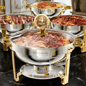 WARMOUNTS Chafing Dish Buffet Set, Glass Lid 5QT 2/4/6 Pack Gold Accent Stainless Steel Chafers and Buffet Warmers Sets with Lid & Lid Holder for Parties Catering Events Weddings Banquets